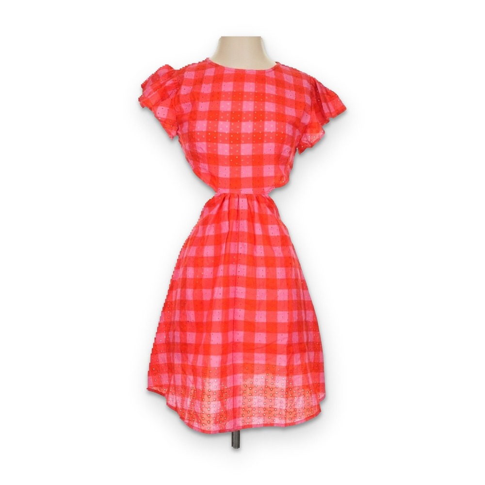 NWT Maia Bergman Backless Eyelet Cocktail Dress Womens XS Red Pink Checker Smock